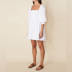 Faithfull the Brand Smocked White Puff Sleeve 100% Cotton Dress